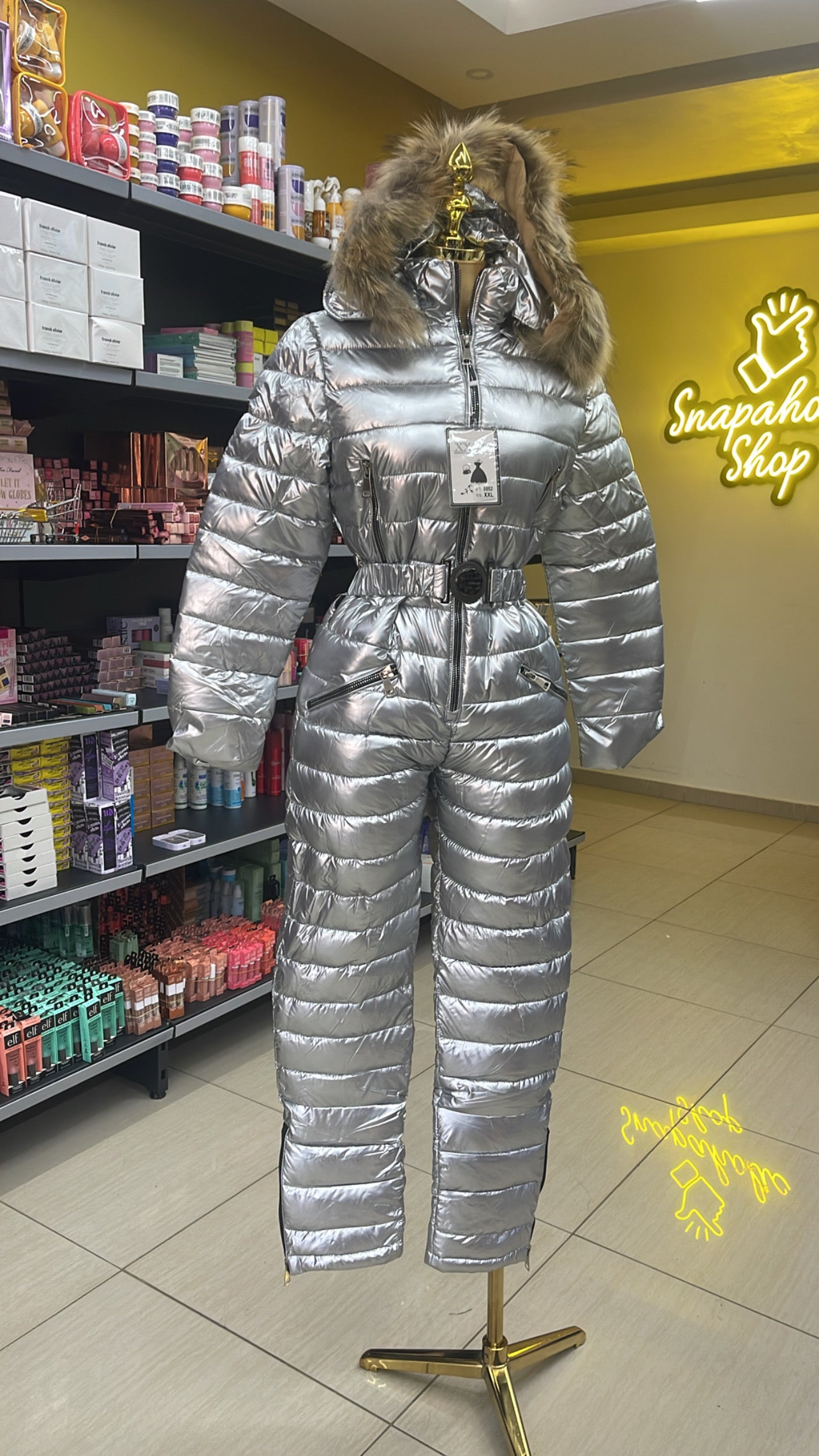 SKI SUITS WOMEN METALIC SNOW SUITS FOR WOMEN WATERPROOF ONE PIECE JUMPSUIT (SILVER)