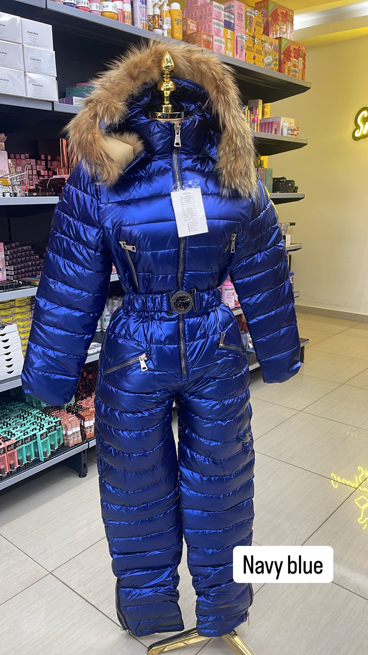 SKI SUITS WOMEN METALIC SNOW SUITS FOR WOMEN WATERPROOF ONE PIECE JUMPSUIT (NAVY BLUE)