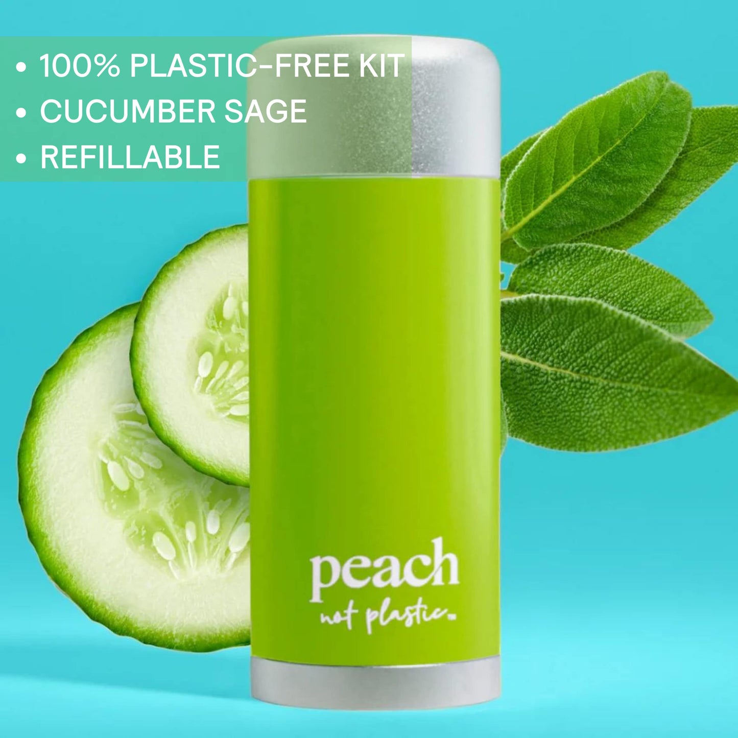 PEACH NOT PLASTIC DEODORANT STARTER KIT | REFILLABLE SET WITH ALUMINUM-FREE DEODORANT STICK & FOREVER CASE | 48 HOUR PROTECTION |CUCUMBER AND SAGE