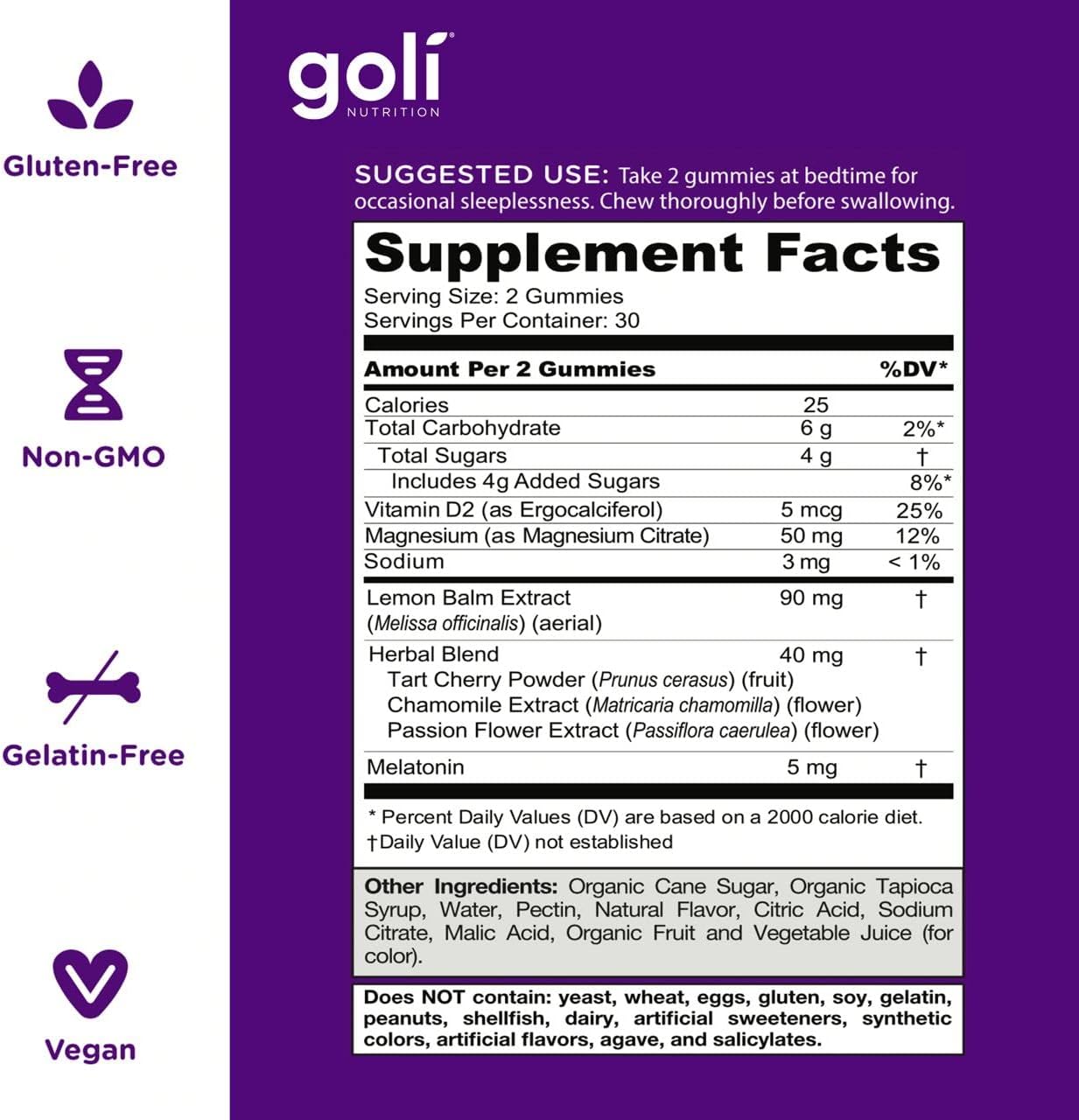 GOLI NUTRITION DREAMY SLEEP GUMMIES LEMON BALM BOTANICALS MAGNESIUM & VITAMIN D