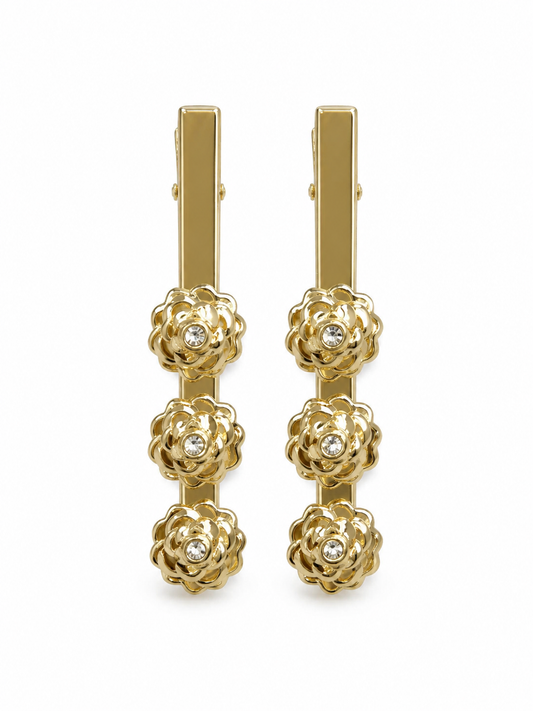CHANEL GOLD CAMELLIA FLOWER HAIR CLIPS SET OF 2