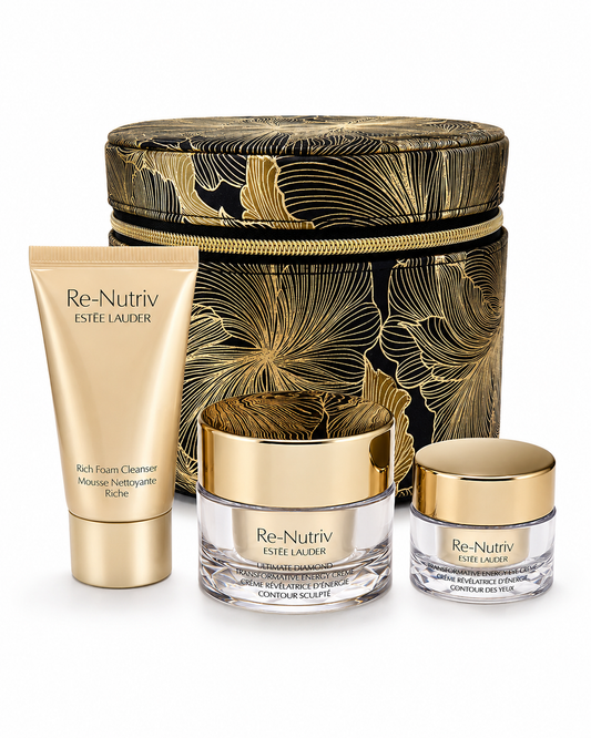ESTEE LAUDER THE GOLD KIT WITH A BEAUTIFUL GOLD BLACK ROUND BAG AND 3 MINI ITEMS