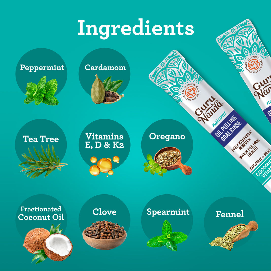 GURU NANDA TRAVEL SACHETS WITH COCOMINT OIL PULLING AND 7 ESSENTIAL OIL