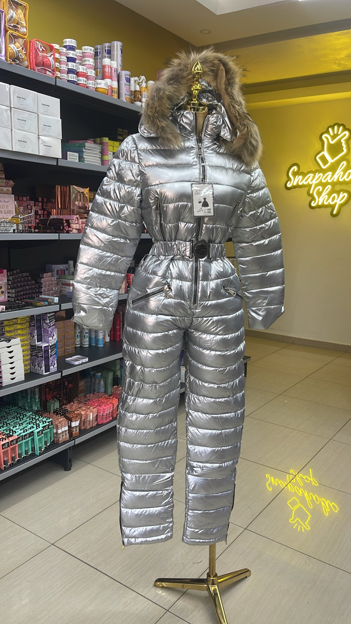 SKI SUITS WOMEN METALIC SNOW SUITS FOR WOMEN WATERPROOF ONE PIECE JUMPSUIT (SILVER)