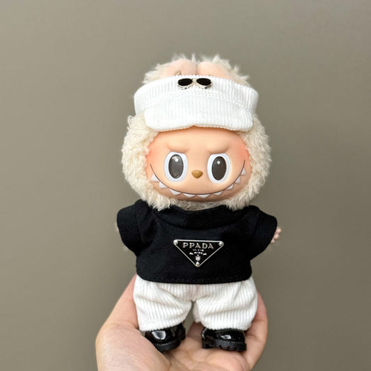 LABUBU CLOTHES AS PICTURE PRADA BLACK SHIRT WHITE HAT WHITE SHORT