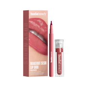 HUDA BEAUTY MAKEOUT SESH LIP DUO KIT (rosewood + bombshell lip gloss) rosy nude