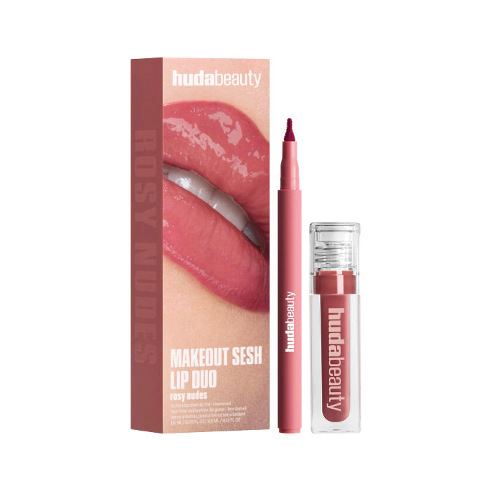 HUDA BEAUTY MAKEOUT SESH LIP DUO KIT (rosewood + bombshell lip gloss) rosy nude