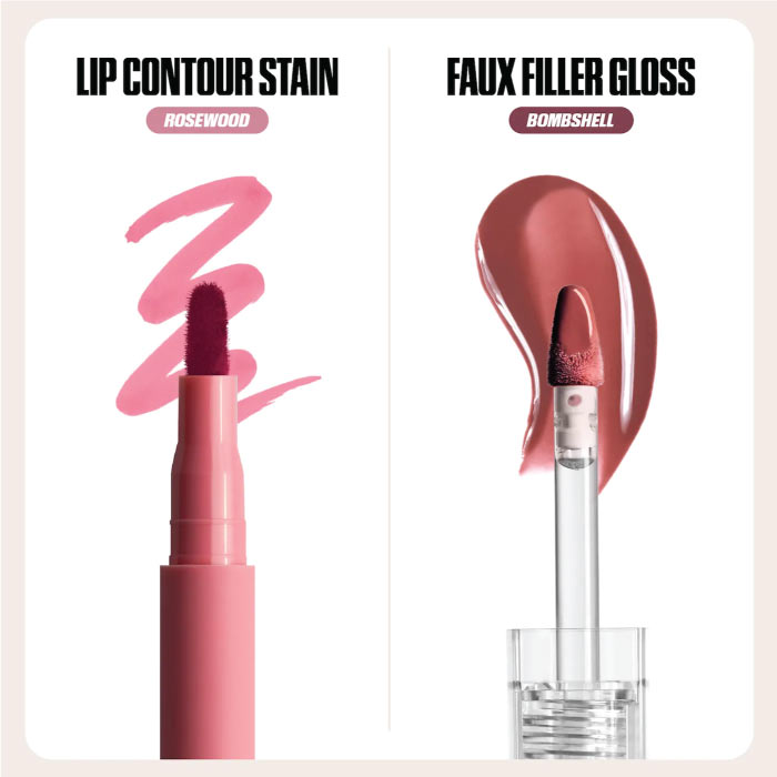 HUDA BEAUTY MAKEOUT SESH LIP DUO KIT (rosewood + bombshell lip gloss) rosy nude
