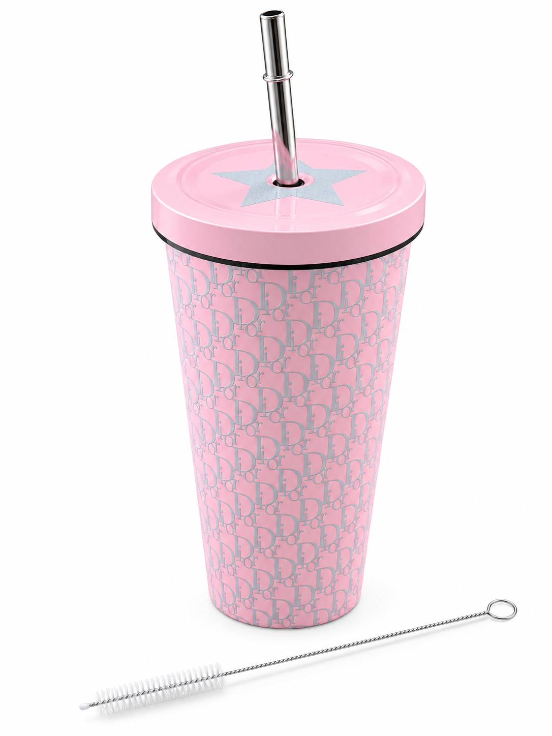 Dior Pink Oblique Tumbler Cup with Stainless Steel Straw & Cleaning Brush