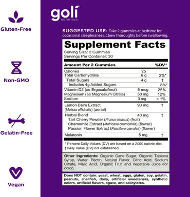 GOLI NUTRITION DREAMY SLEEP GUMMIES LEMON BALM BOTANICALS MAGNESIUM & VITAMIN D