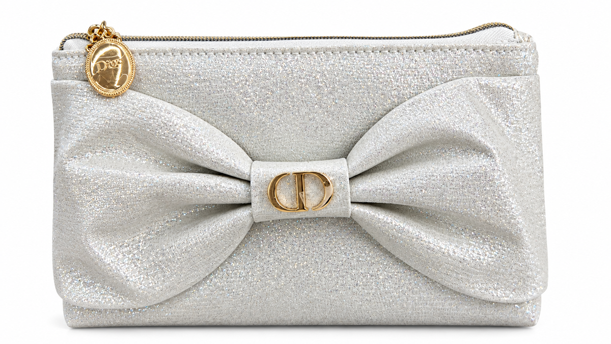 Christian Dior Holiday Collection Silver Glitter Bow Makeup Pouch with Gold CD Logo