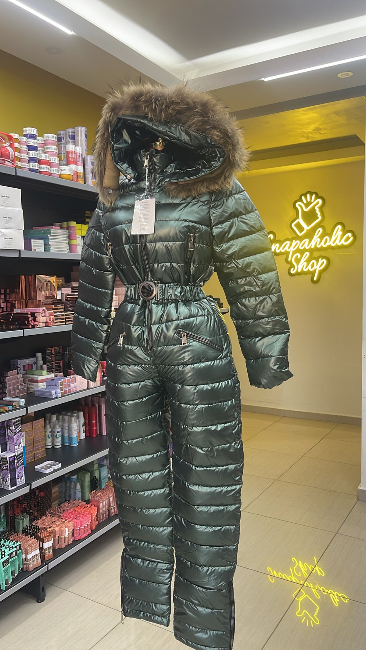 SKI SUITS WOMEN METALIC SNOW SUITS FOR WOMEN WATERPROOF ONE PIECE JUMPSUIT(GREEN)