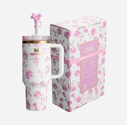 STANLEY 1913 X LOVESHACKFANCY QUENCHER TUMBLER WITH HANDLE (FLOWER  COLLECTION PINK)