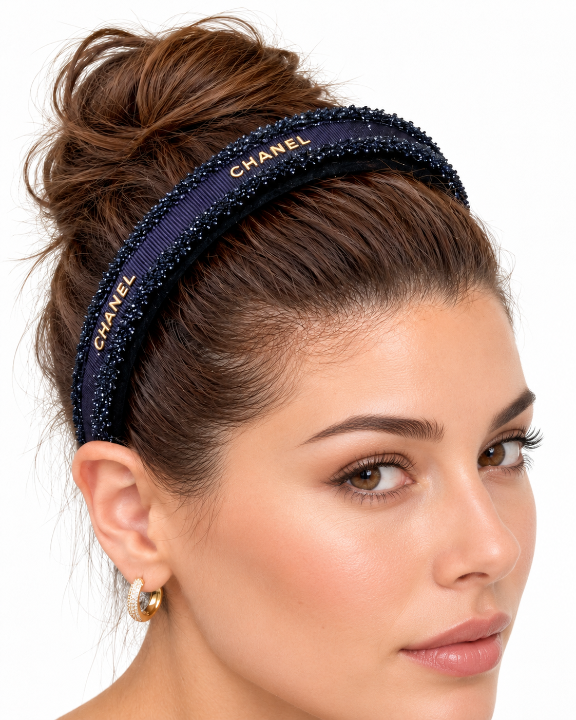 Chanel Luxury Embellished Headband – Blue Black with Gold Logo