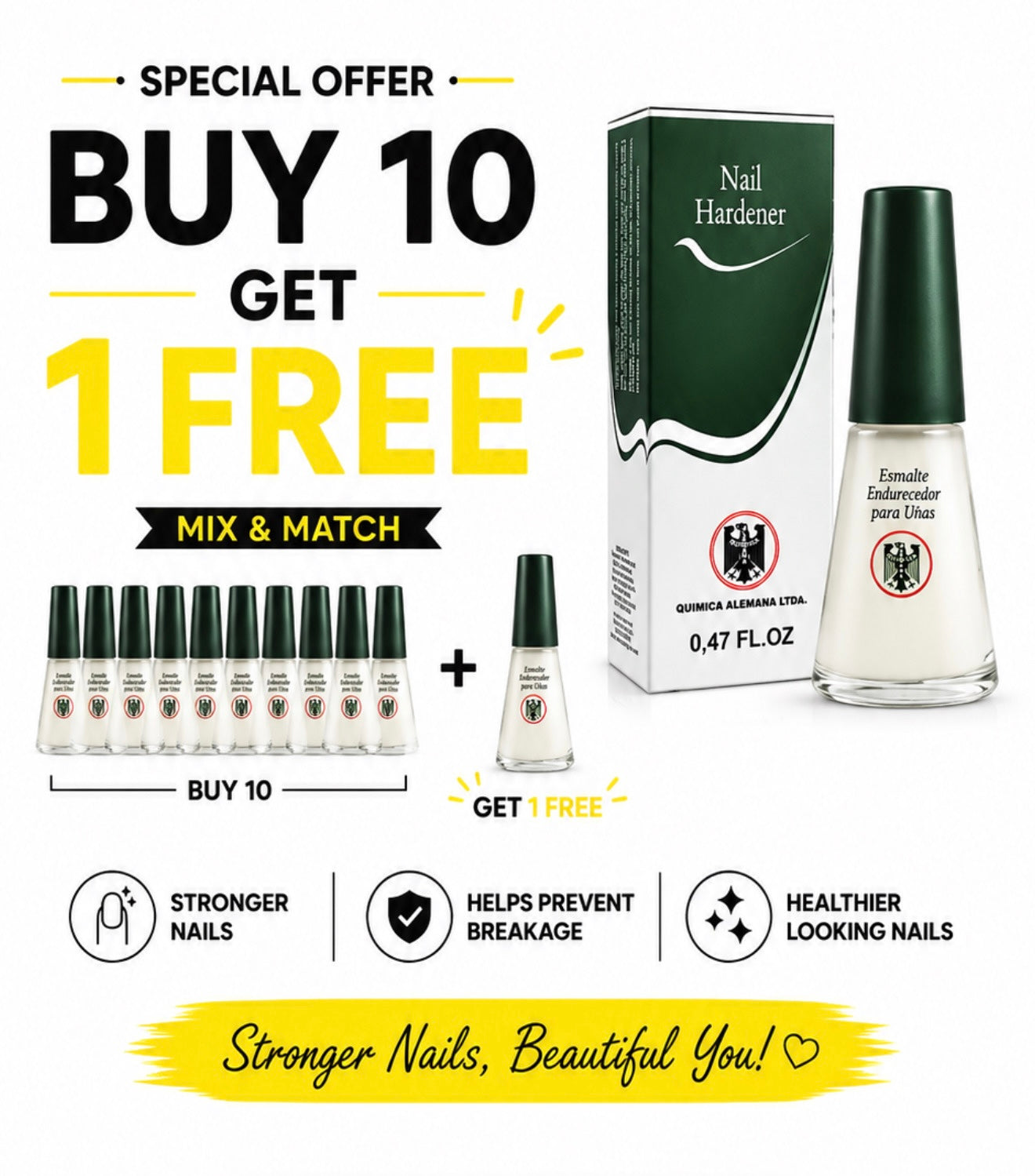 QUIMICA ALEMANA NAIL HARDENER/ESMALTE ENDURECEDOR PARA UNAS (10 pieces)  +1 free special offer