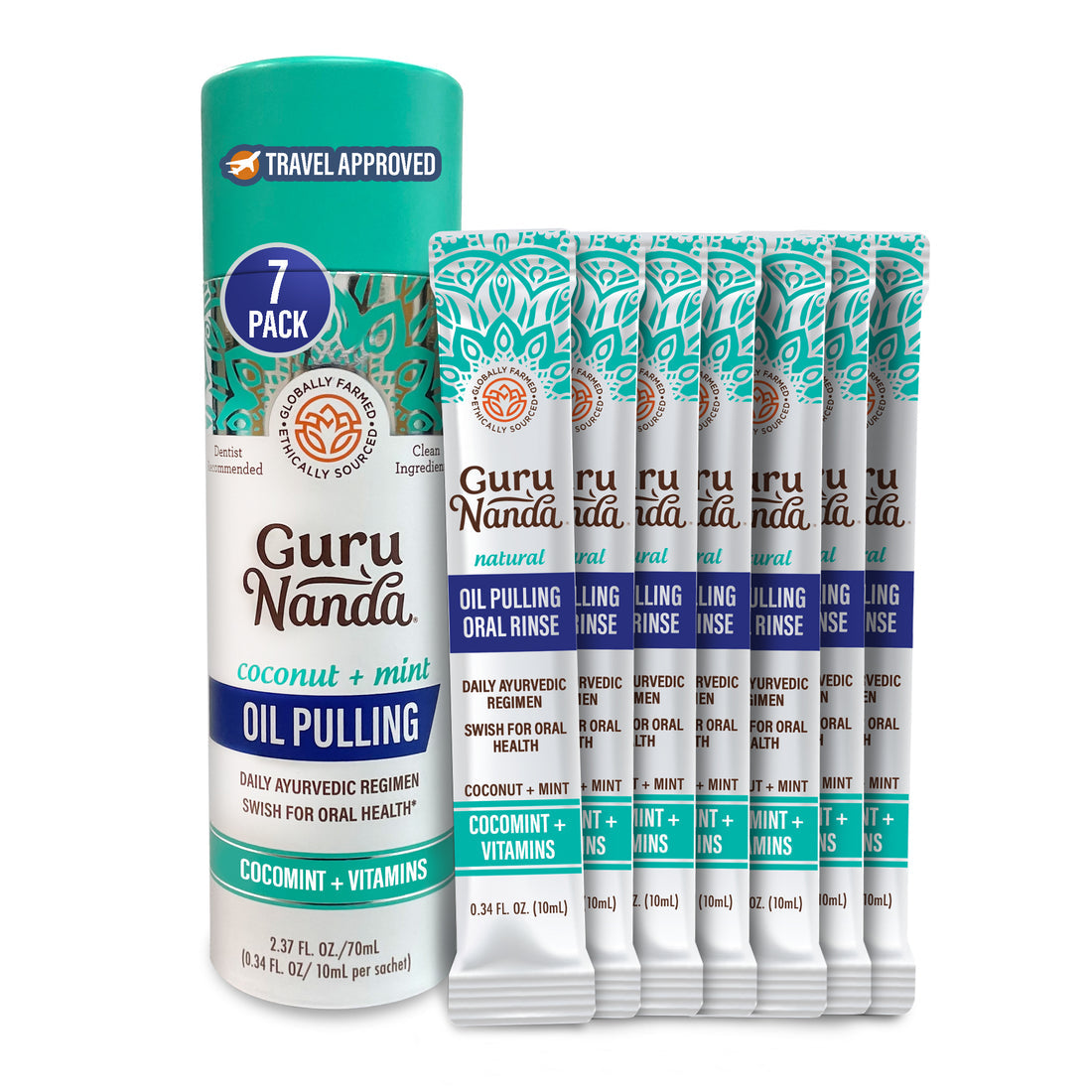 GURU NANDA TRAVEL SACHETS WITH COCOMINT OIL PULLING AND 7 ESSENTIAL OIL