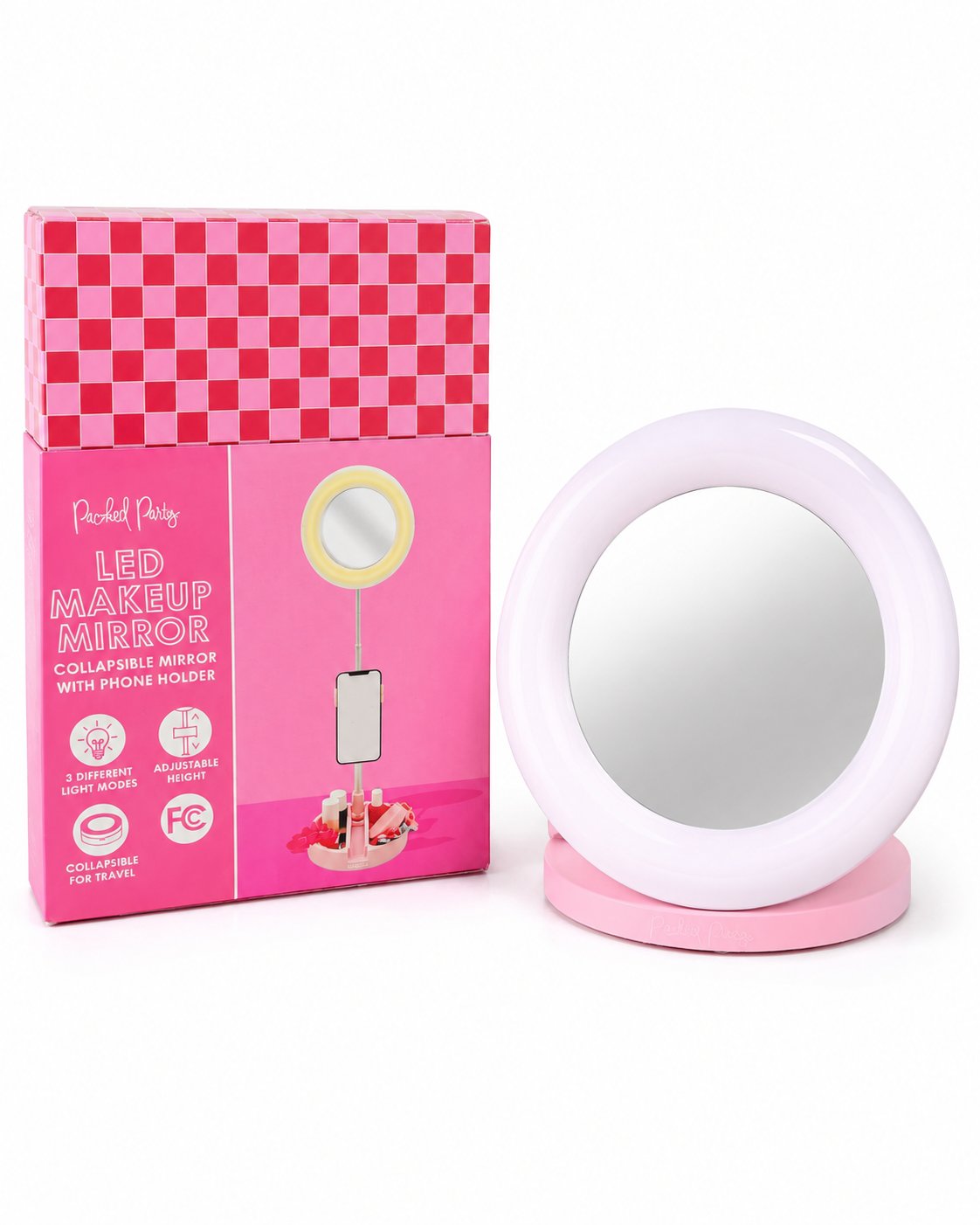 PACKED PARTY COLLAPSIBLE MIRROR WITH IPHONE HOLDER AND USB POWER CABLE