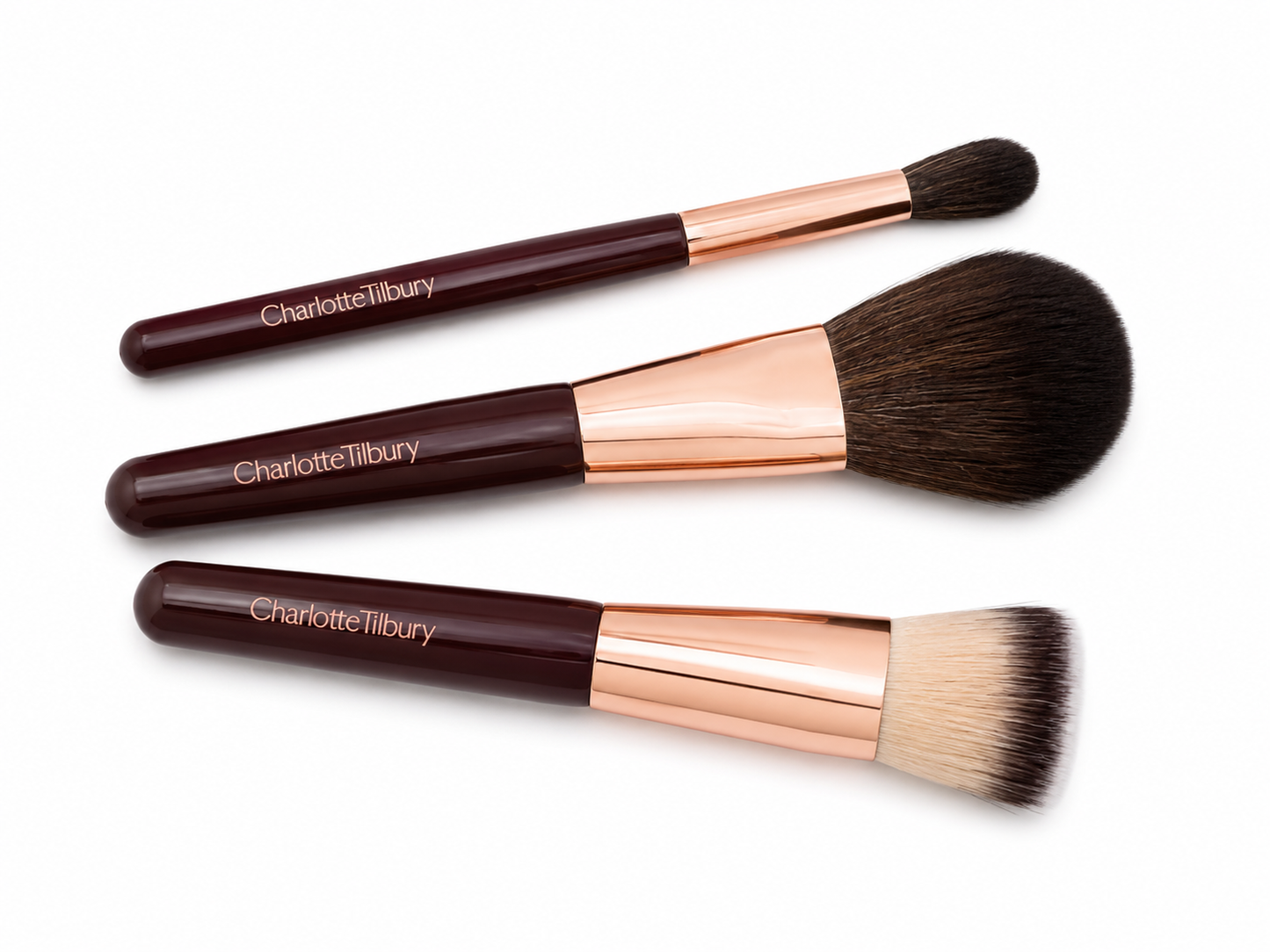 CHARLOTTE TILBURY BURGENDY BAG WITH 3 MINI BRUSH LIMITED EDITION