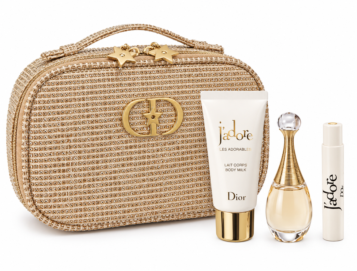 Luxury Perfume & Body Care Gift Set with Sparkling Golden Vanity Bag