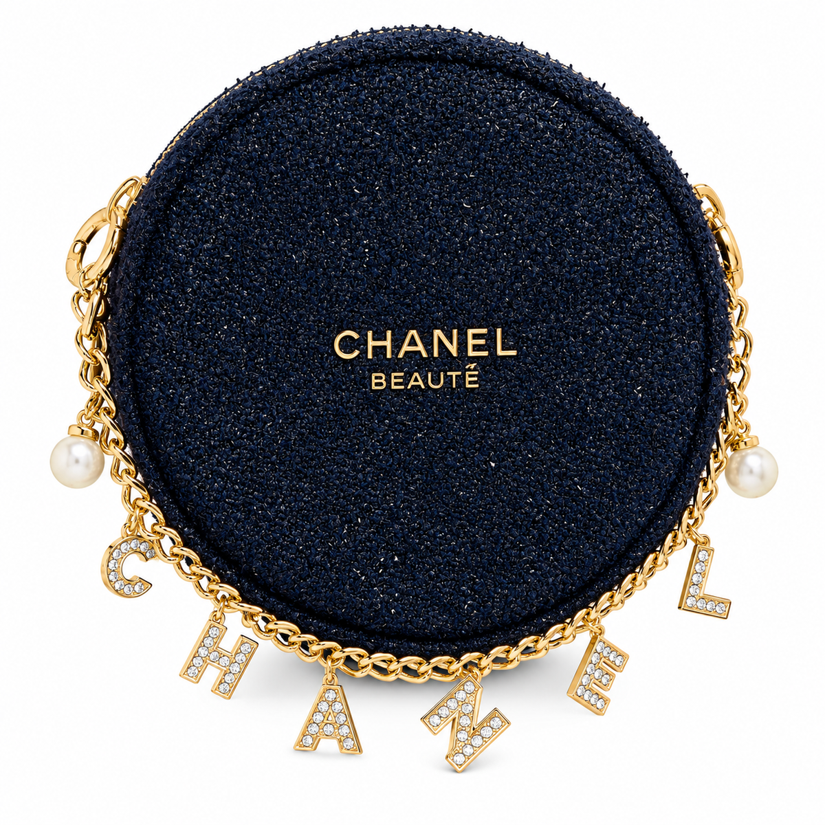 Chanel Holiday Round Beauty Bag Blue with Chain & Accessories
