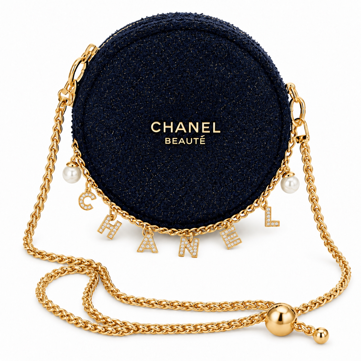 Holiday Round Beauty Bag Blue with Chain & Accessories