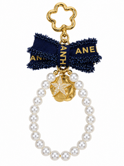 CHANEL LUXURY WHITENAVY BLUE  BOW KEYCHAIN WITH GOLD HEART, PEARL ,CRYSTAL
