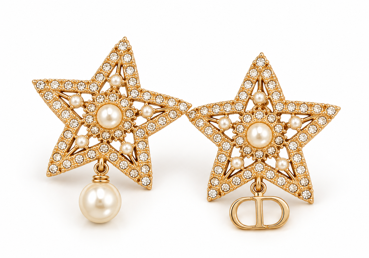 CHRISTIAN DIOR CRISTAL STAR EARRINGS WITH PEARL & GOLD CD CHARM