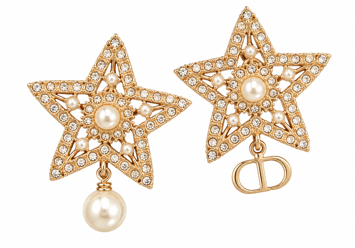 CHRISTIAN DIOR CRISTAL STAR EARRINGS WITH PEARL & GOLD CD CHARM
