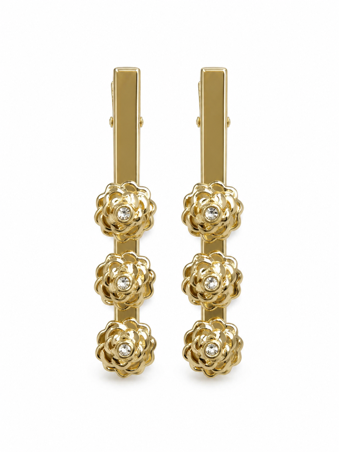 CHANEL GOLD CAMELLIA FLOWER HAIR CLIPS SET OF 2