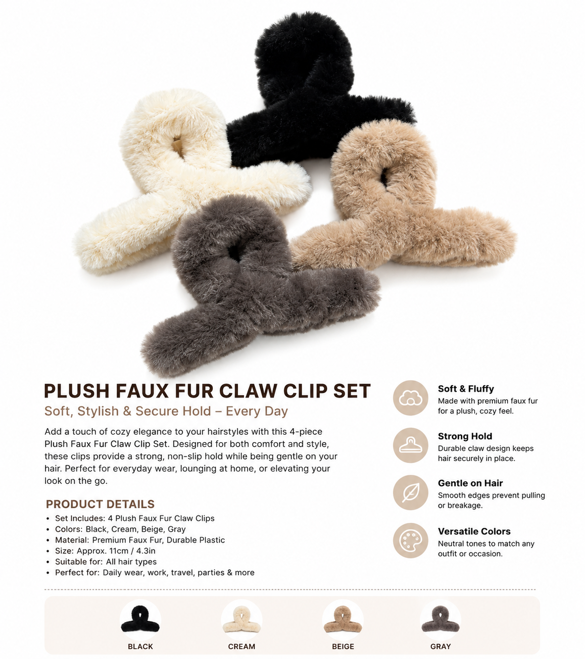 4 PIECES OF FURR HAIR CLIPS