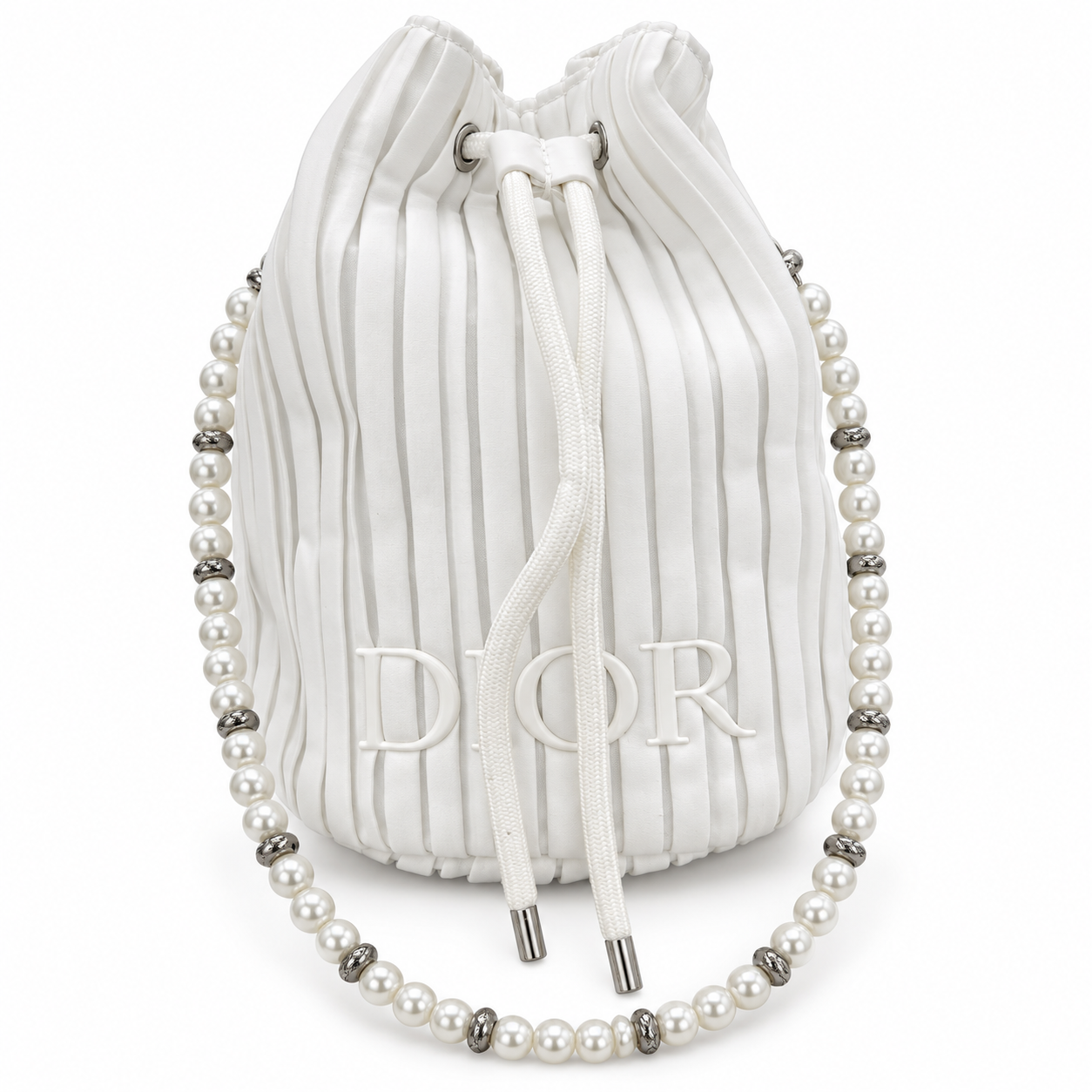CHRISTIAN DIOR BUCKET DIOR WHITE BAG WITH WHITE PEARL WITHOUT BOX