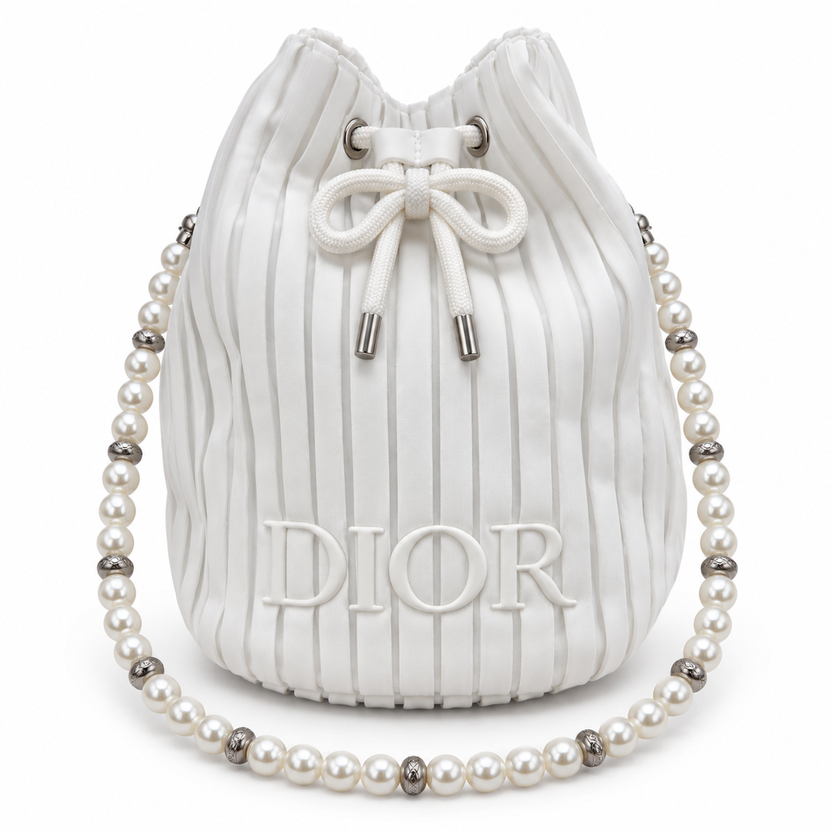 CHRISTIAN DIOR BUCKET DIOR WHITE BAG WITH WHITE PEARL WITHOUT BOX