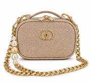 CHRISTIAN DIOR LIMITED EDITION BEAUTY BAG WITH GOLD AND WHITE PEARL CHAIN
