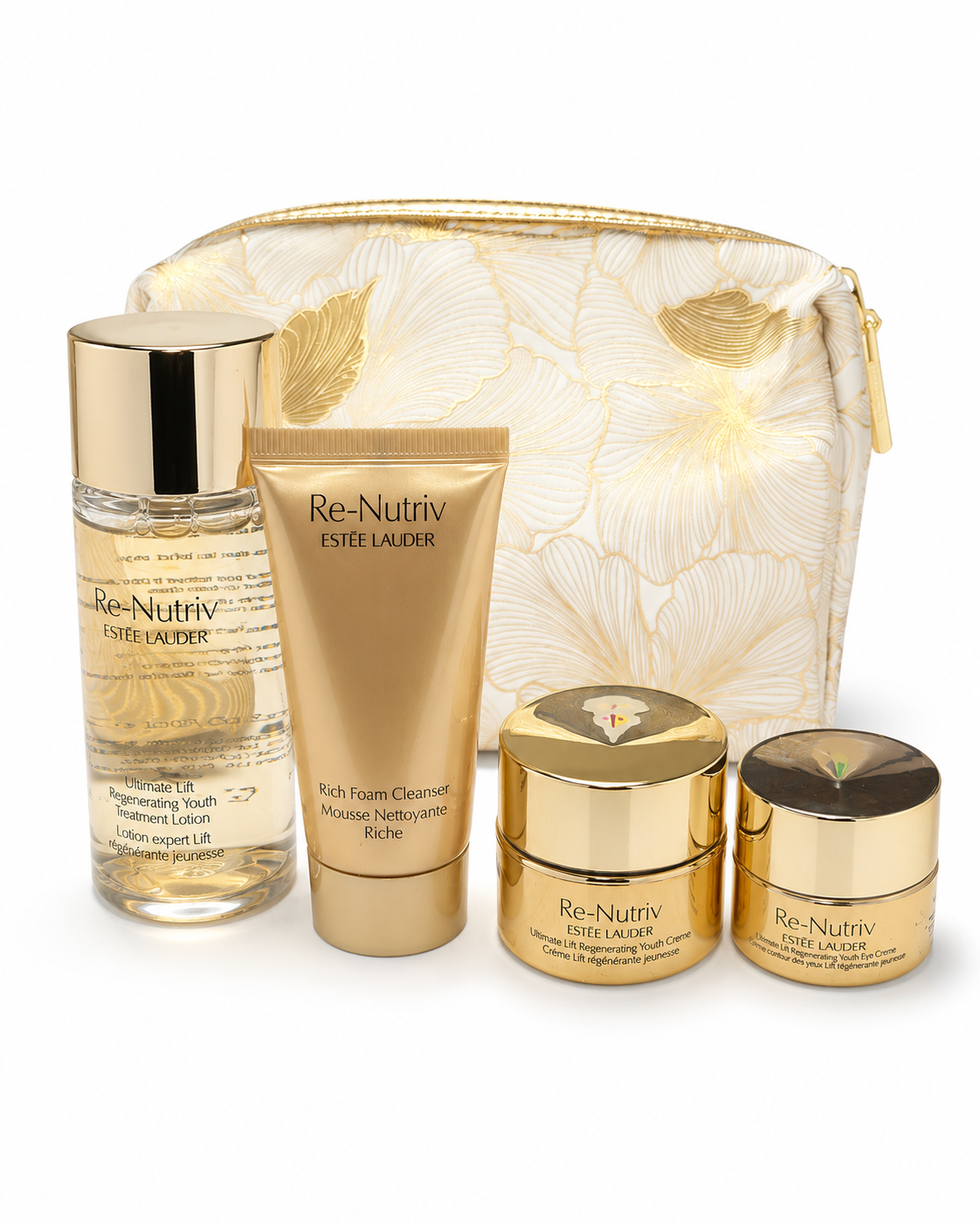 ESTEE LAUDER THE GOLD KIT WITH A BEAUTIFUL GOLD BAG AND 4 MINI ITEMS