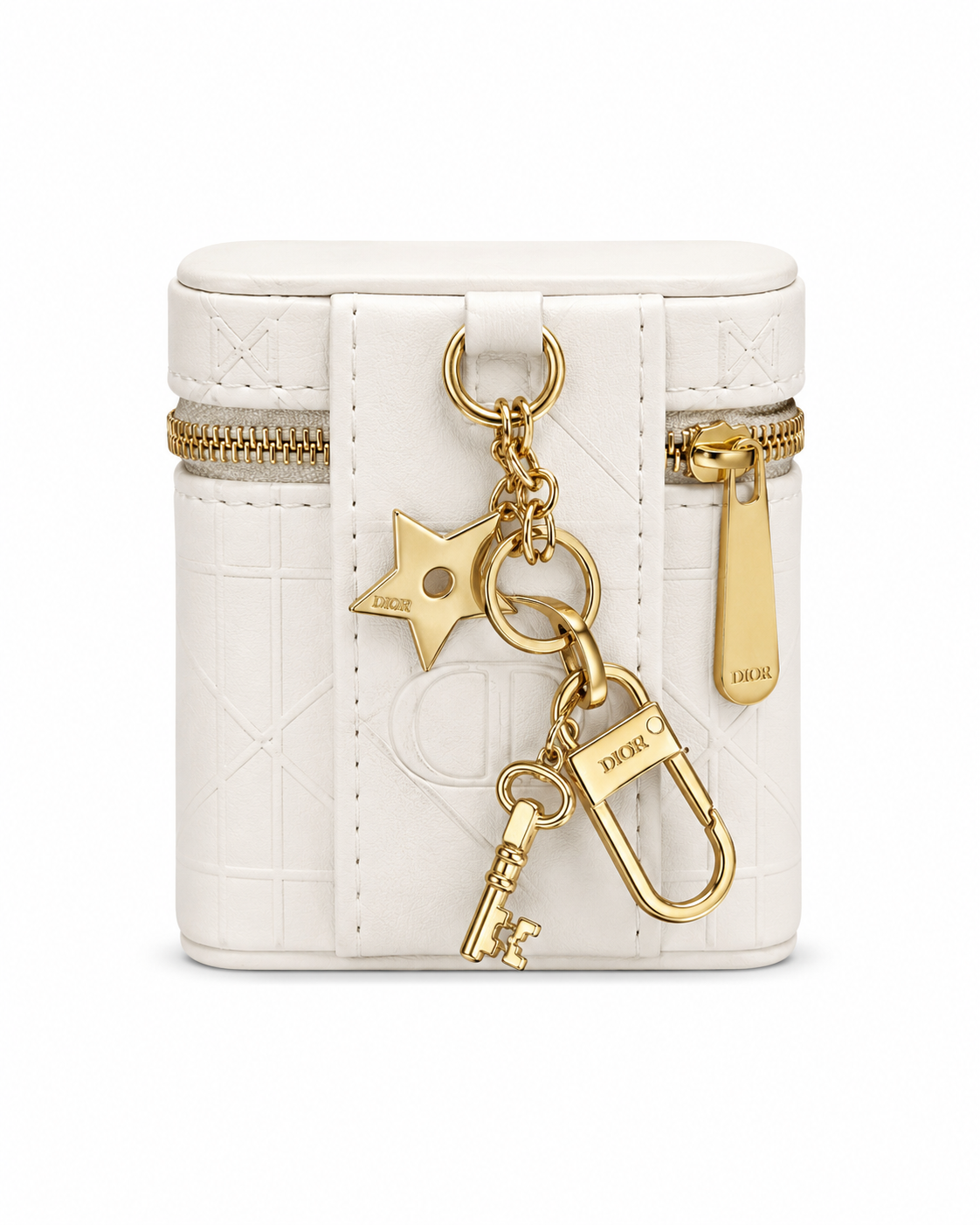 CHRISTIAN DIOR SET OF 3 MINI LIPSTICK WITH KEYCHAIN GOLD WITH WHITE LEATHER BAG