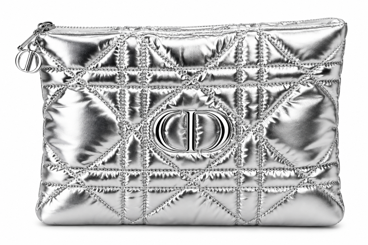 CHRISTIAN DIOR METALIC SILVER QUILTED BEAUTY POUCH
