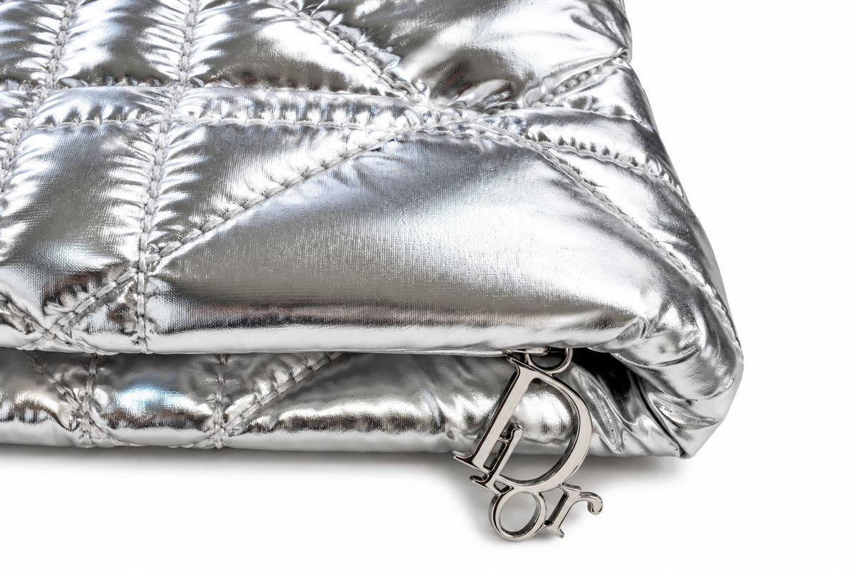 CHRISTIAN DIOR METALIC SILVER QUILTED BEAUTY POUCH