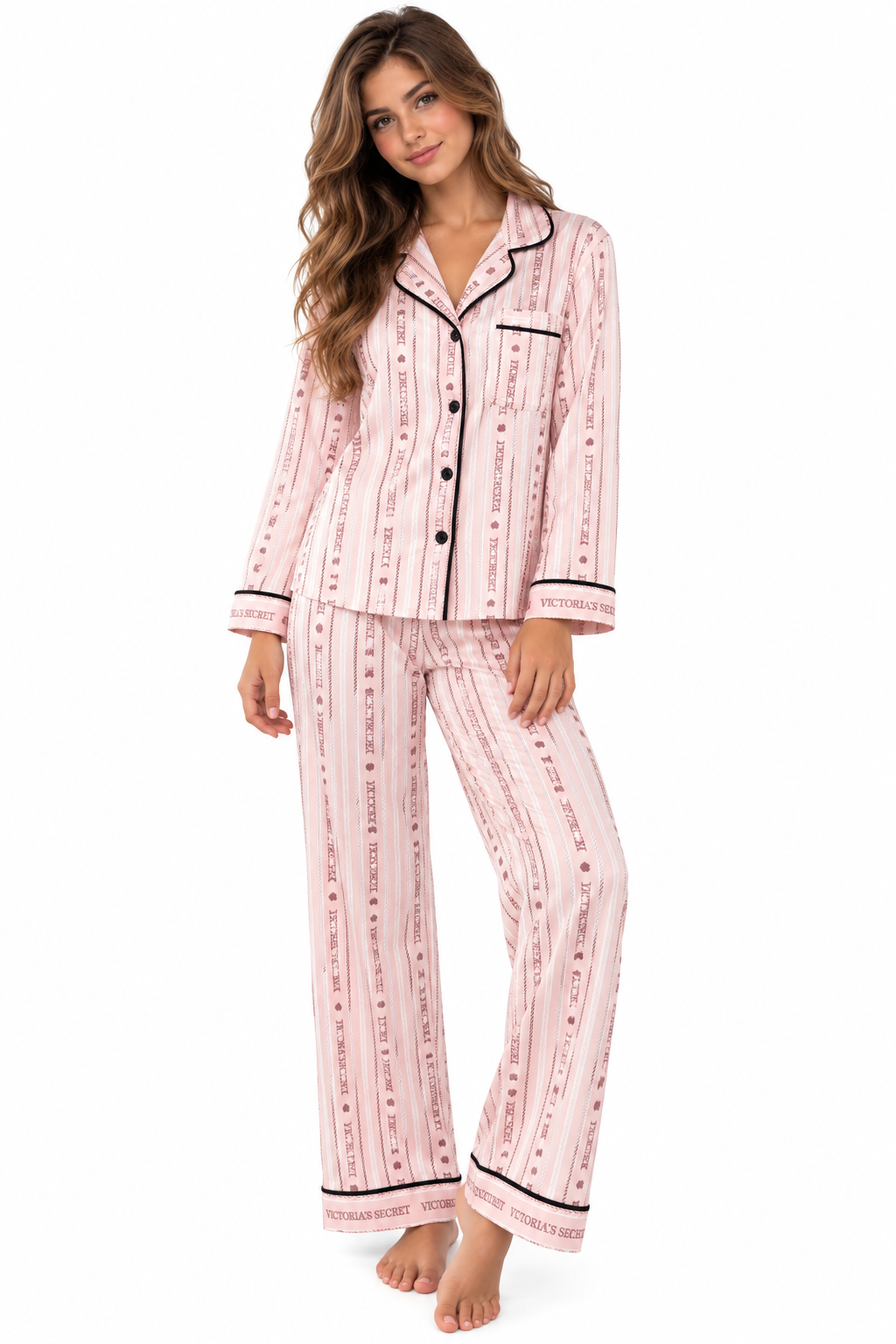 VICTORIA SECRET LONG SATIN PAJAMA SET (BUTTERFLY LIGHT PINK)