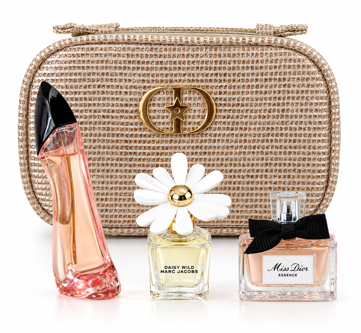 CHRISTIAN DIOR GOLD BAG LIMITED EDITION BAG WITH 3 MINI PERFUME
