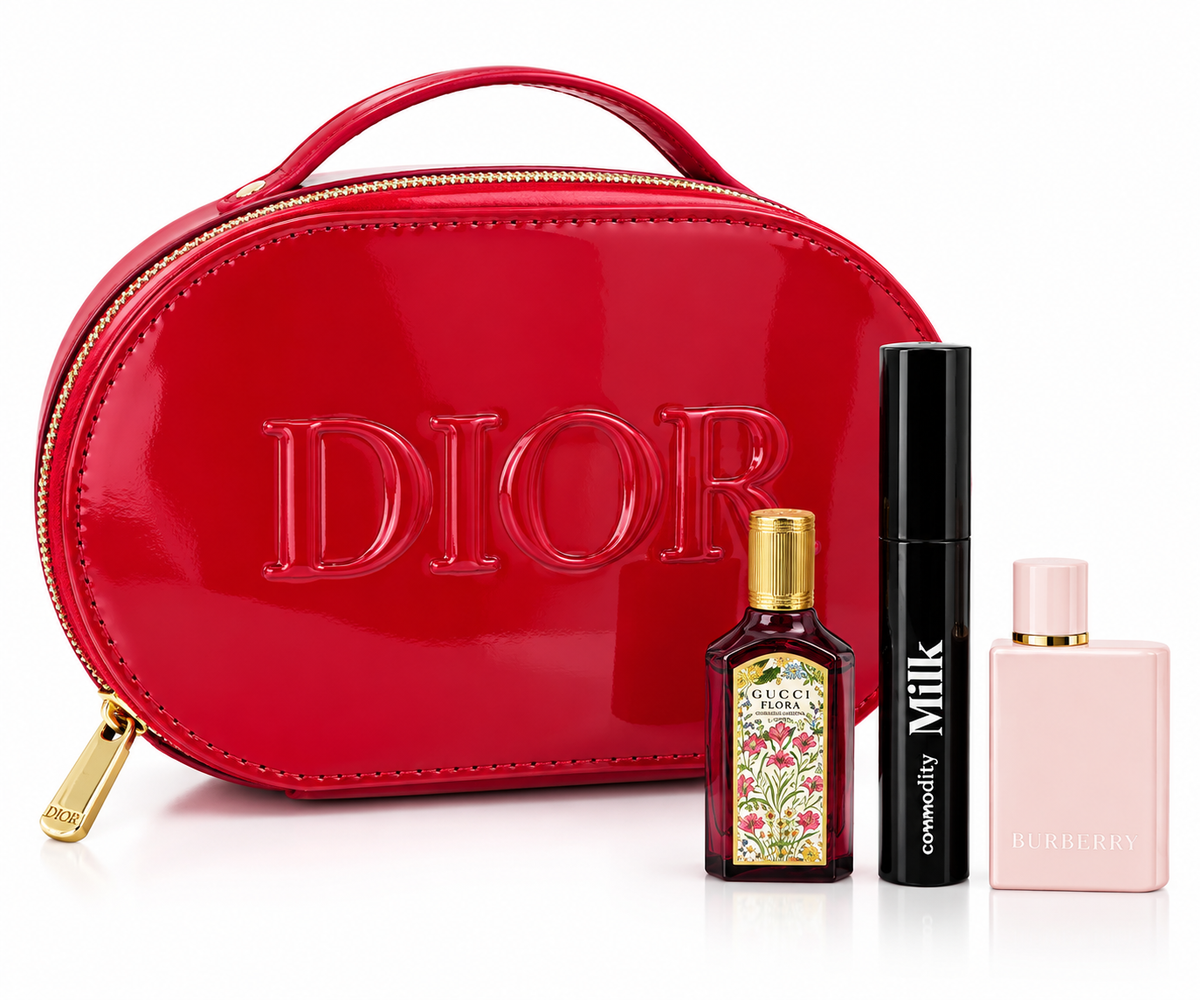 CHRISTIAN DIOR ROUND RED BAG LIMITED EDITION BAG WITH 3 MINI PERFUME