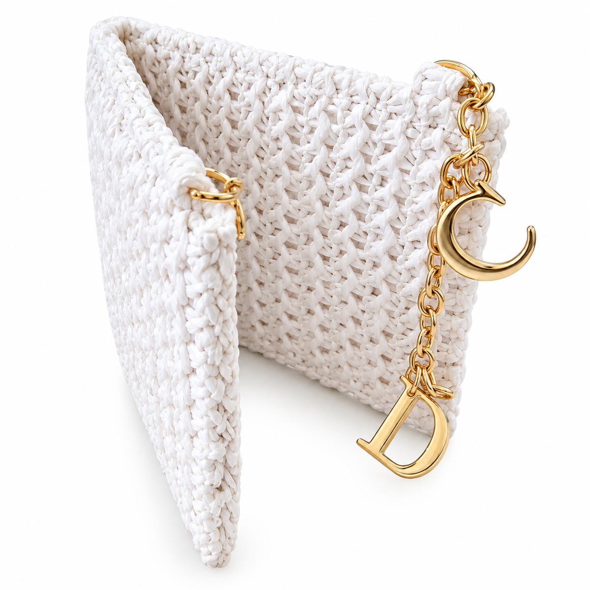CHRISTIAN DIOR WHITE CROCHET MINI POUCH WITH GOLD CD CHARM CHAIN WITH MIRROR