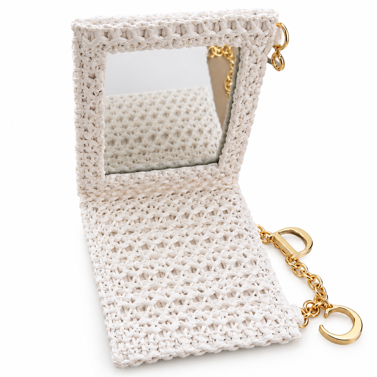CHRISTIAN DIOR WHITE CROCHET MINI POUCH WITH GOLD CD CHARM CHAIN WITH MIRROR