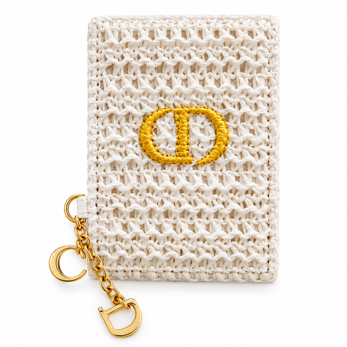 CHRISTIAN DIOR WHITE CROCHET MINI POUCH WITH GOLD CD CHARM CHAIN WITH MIRROR