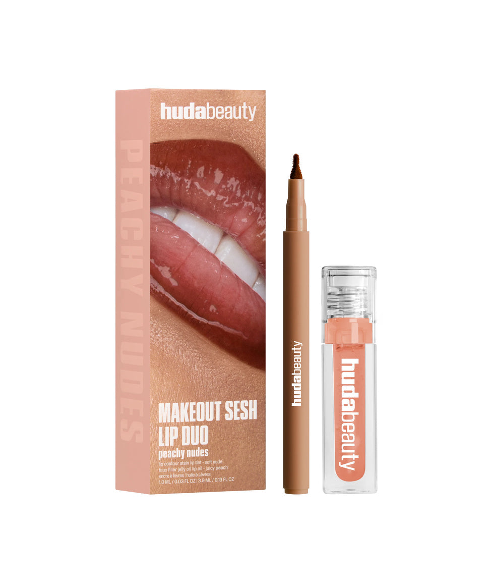 HUDA BEAUTY MAKEOUT SESH LIP DUO KIT (SOFT NUDE + JELLY OIL JUICY PEACH)