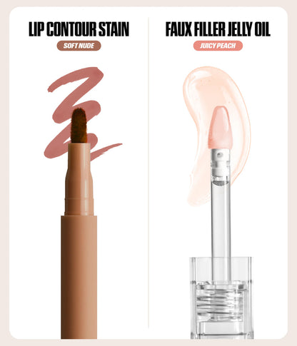 HUDA BEAUTY MAKEOUT SESH LIP DUO KIT (SOFT NUDE + JELLY OIL JUICY PEACH)