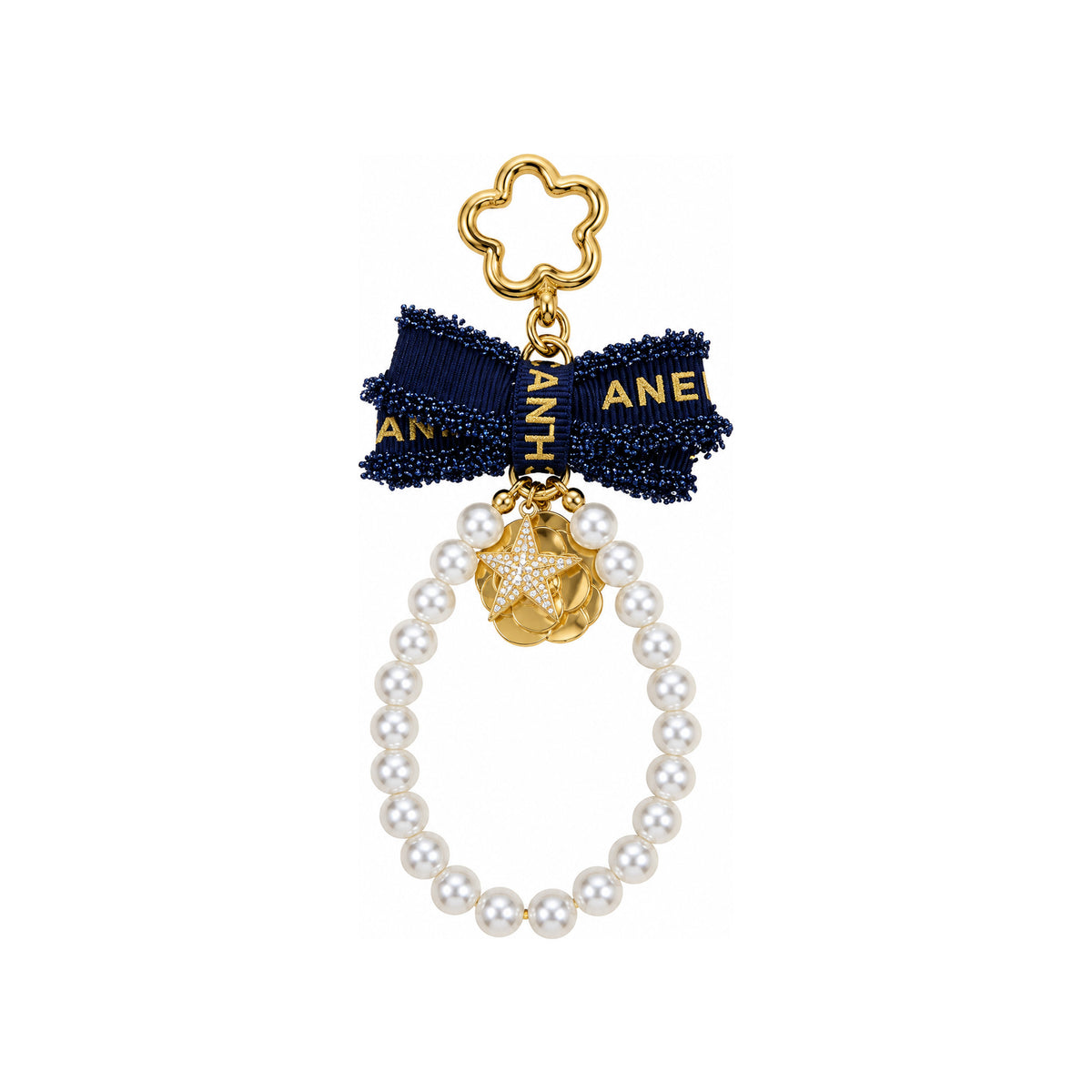 Chanel Luxury Whitenavy Blue Bow Keychain with Gold Heart, Pearl , Crystal