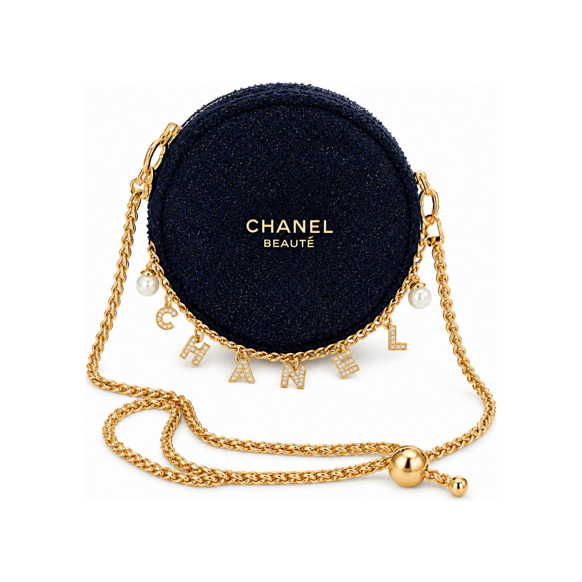 Chanel Holiday Round Beauty Bag Blue with Chain & Accessories