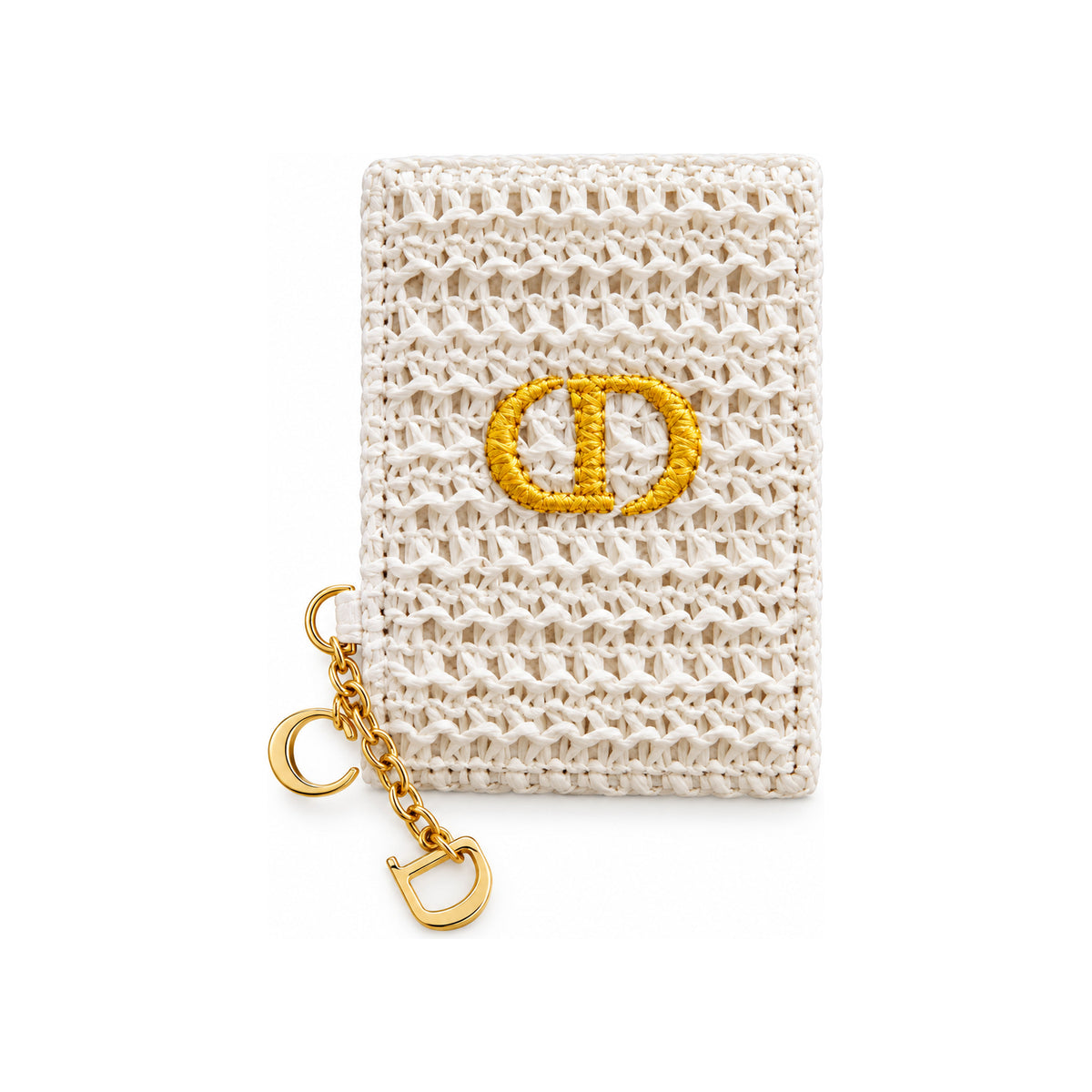 CHRISTIAN DIOR White Crochet Mini Pouch with Gold Cd Charm Chain with Mirror