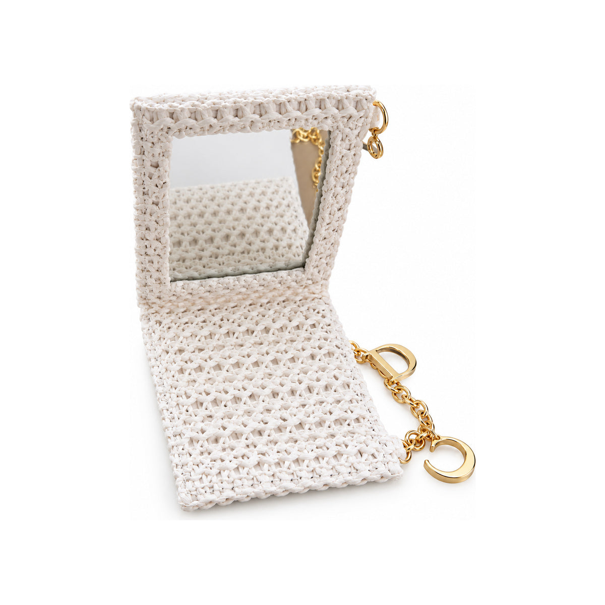 CHRISTIAN DIOR White Crochet Mini Pouch with Gold Cd Charm Chain with Mirror — view 2