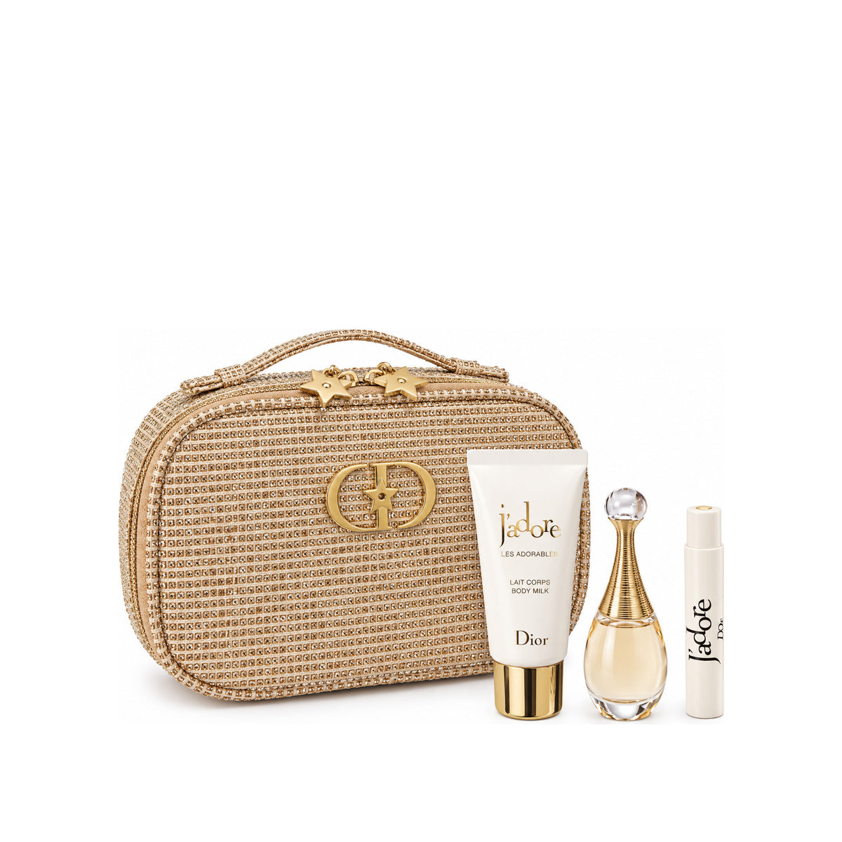 Christian Dior Luxury Perfume & Body Care Gift Set with Sparkling Golden Vanity Bag